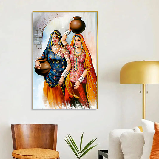 Beautiful Two Rajasthani Lady with Pots Canvas Printed Wall Paintings & Arts