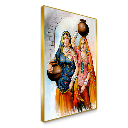 Beautiful Two Rajasthani Lady with Pots Canvas Printed Wall Paintings & Arts