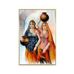 Beautiful Two Rajasthani Lady with Pots Canvas Printed Wall Paintings & Arts