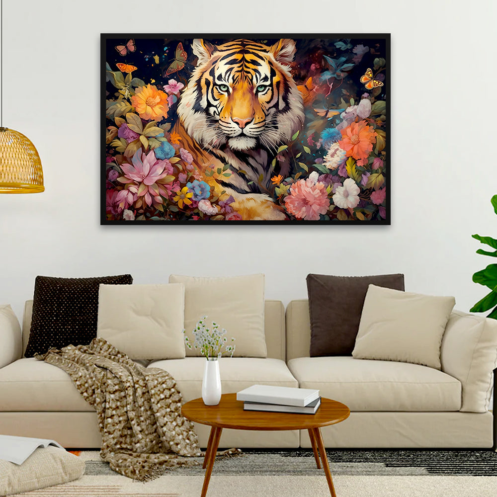 King of The Jungle Tiger Face with Flower Canvas Printed Wall Paintings & Arts