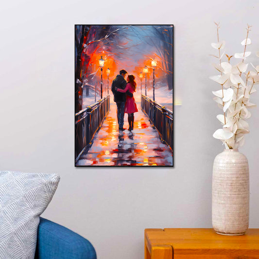 Beautiful A Couple Walking on A Bridge in The Snow Loving Wall Paintings & Arts