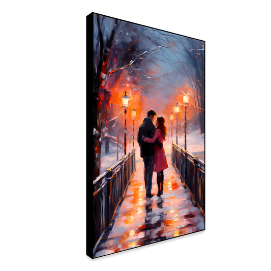 Beautiful A Couple Walking on A Bridge in The Snow Loving Wall Paintings & Arts