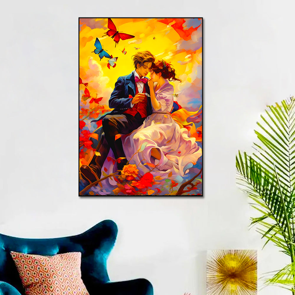 Young Couple Romantic Artwork Butterflies with Beautiful Sky Colorful Artwork Valentines Day Love Canvas Wall Paintings & Arts Gallery