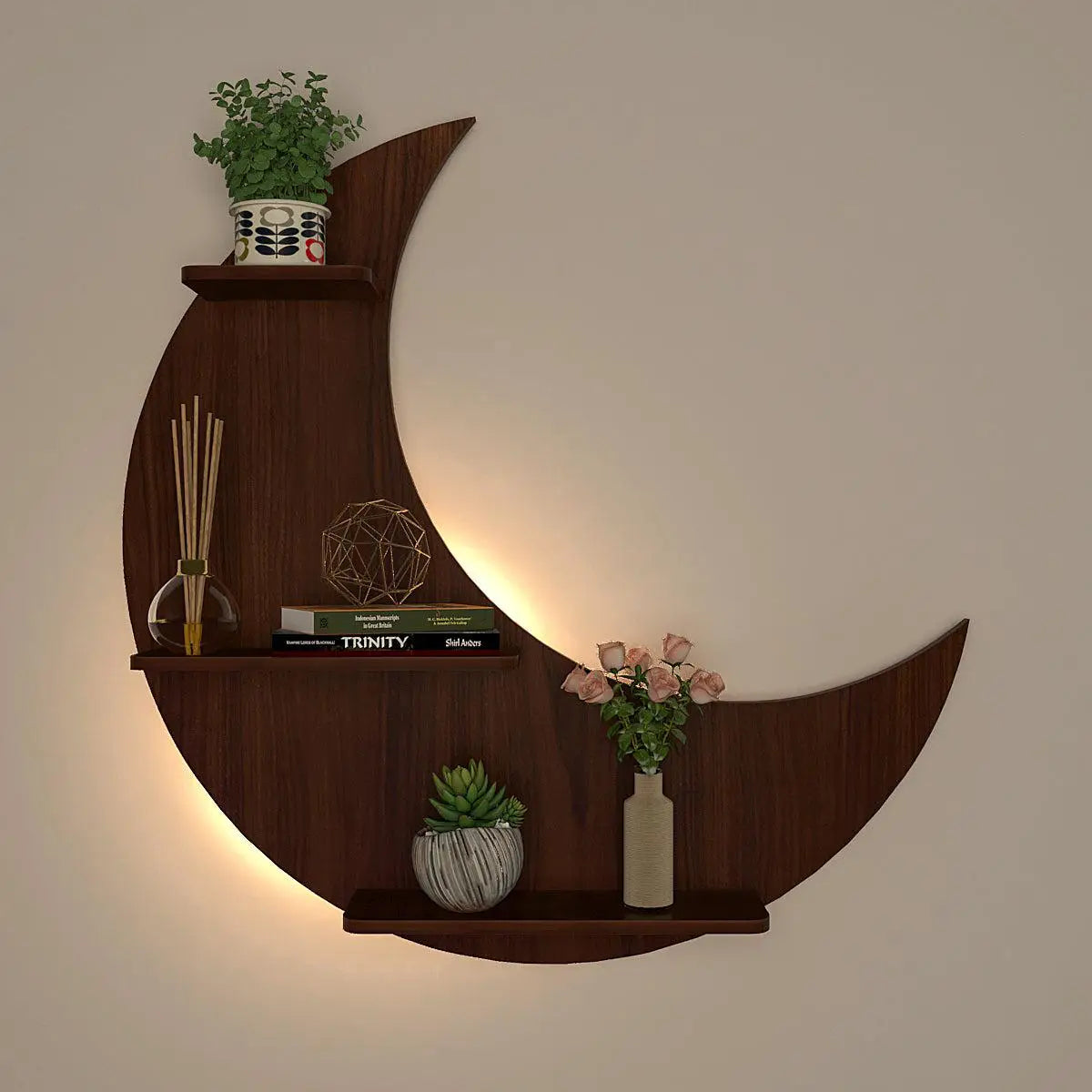 Moon Backlit Wood Wall Shelf / Book Shelf, Walnut Finish