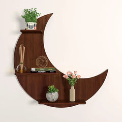 Moon Backlit Wood Wall Shelf / Book Shelf, Walnut Finish