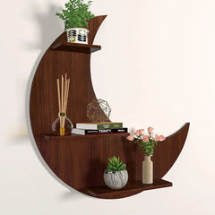 Moon Backlit Wood Wall Shelf / Book Shelf, Walnut Finish