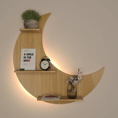 Moon Backlit Wood Wall Shelf / Book Shelf, Oak Finish