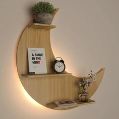 Moon Backlit Wood Wall Shelf / Book Shelf, Oak Finish