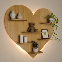 Heart Backlit Wood Wall Shelf / Book Shelf / Night Light, Light Oak Finish