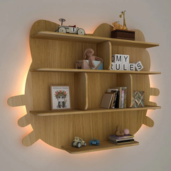 Cat Shape Backlit Wood Wall Shelf / Book Shelf / Night Light, Oak Finish