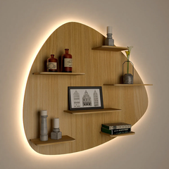 Abstract Shape Backlit Wood Wall Shelf / Book Shelf / Night Light, Light Oak Finish