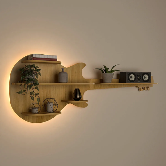 Guitar Backlit Wood Wall Shelf / Book Shelf / Night Light, Light Oak Finish