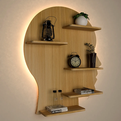 Man Face Backlit Wooden Wall Shelf / Book Shelves / Night Light, Light Oak Finish