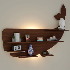 Whale Backlit Wood Wall Shelf / Book Shelf / Night Light, Walnut Finish