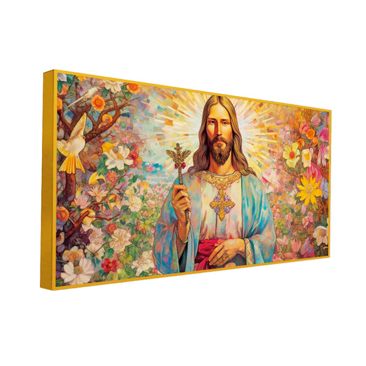 Vibrant Jesus Christ Cross Surrounded Wild Flowers Canvas Wall Paintings & Arts