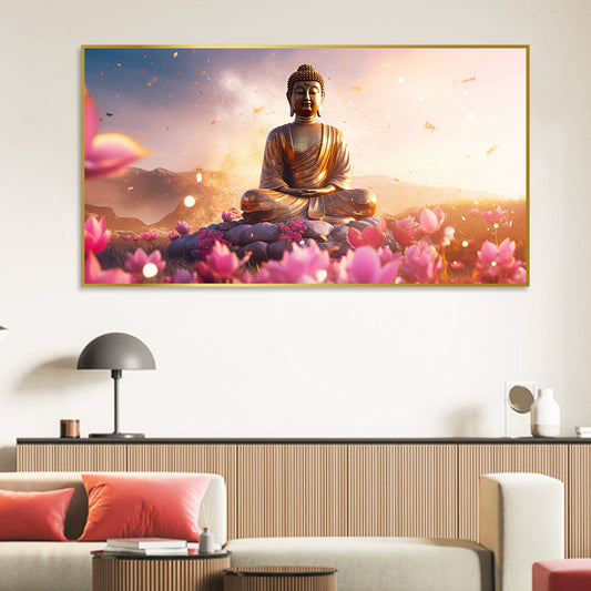 Buddha Statue with Flower Background Canvas Wall Paintings