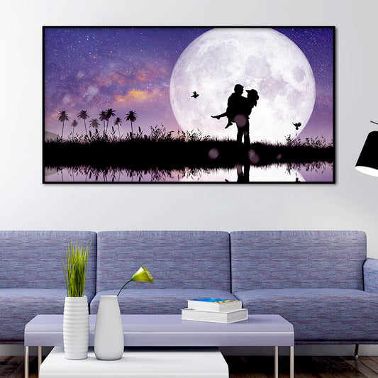 Couple Kissing Against The Full Moon, Unframed Premium Canvas Wall Paintings & Arts