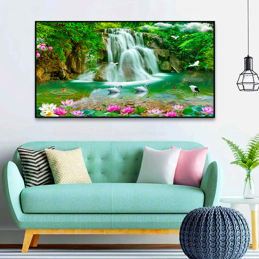 Waterfall in paradise, forest, pond, lotus, paradise, birds, waterfall, lilies, bonito  Canvas Wall Paintings & Arts