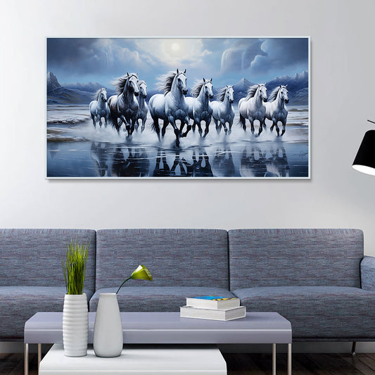 Beautiful Eight Running Light Blue Horses Vastu Canvas 3d Wall Painting With Framed