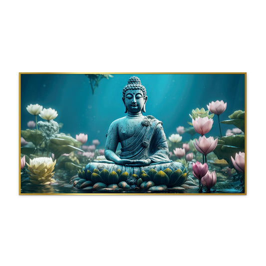Buddha Meditating in Lotus Blue and Pink Canvas Paintings