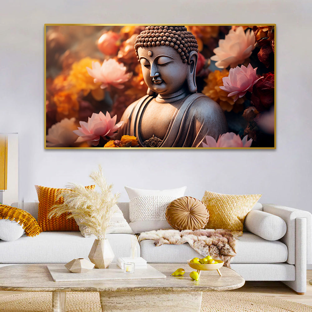 Buddha statue with blooming flowers Canvas Paintings