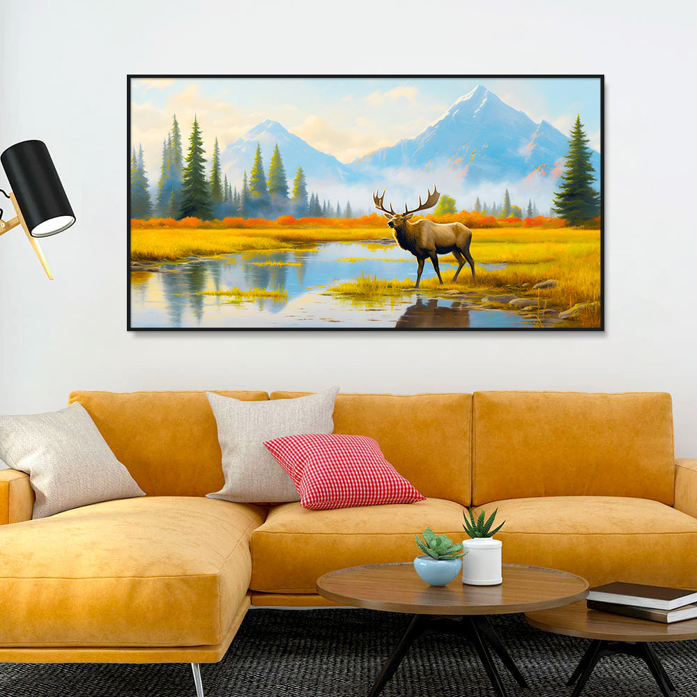 Beautiful Mountain and Moose Standing in A Marsh Canvas Printed Wall Paintings