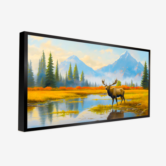 Beautiful Mountain and Moose Standing in A Marsh Canvas Printed Wall Paintings