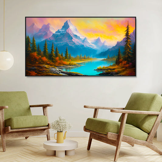 Beautiful Panoramic Design Mountains with River Flow Scenery Wall Paintings & Arts