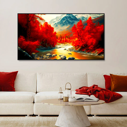 Beautiful Autumn Landscape in Red Yellow Tones with Bright Mountain River Wall Painting & Art