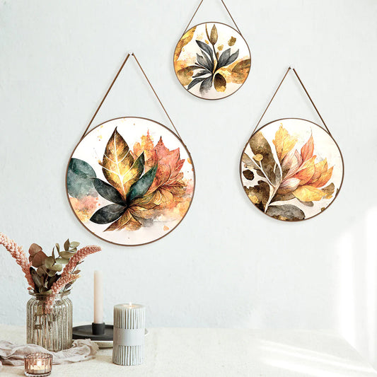 Artistic Brushed Leaves Round Framed Wall Art Set of 3