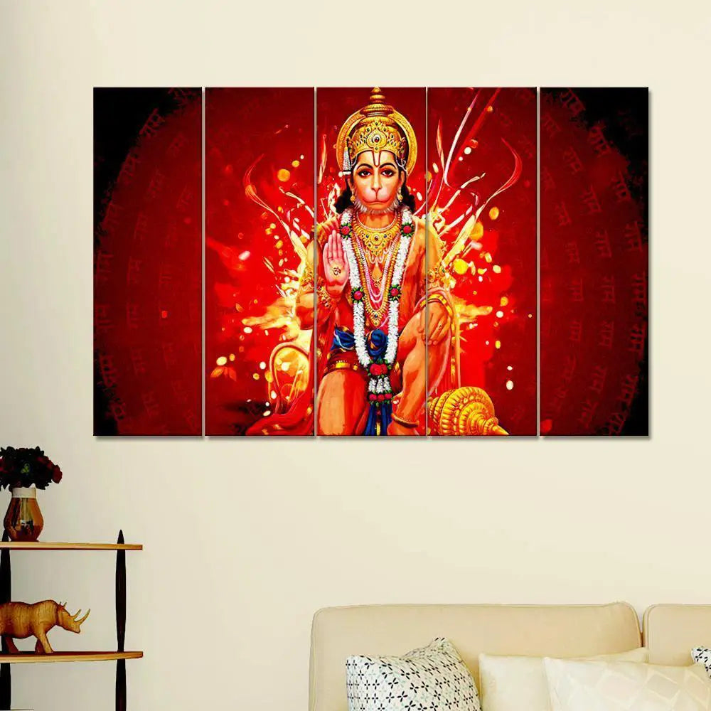 Hanuman Ji Modern Art Painting Canvas Printed 5 Pieces Wall Hanging