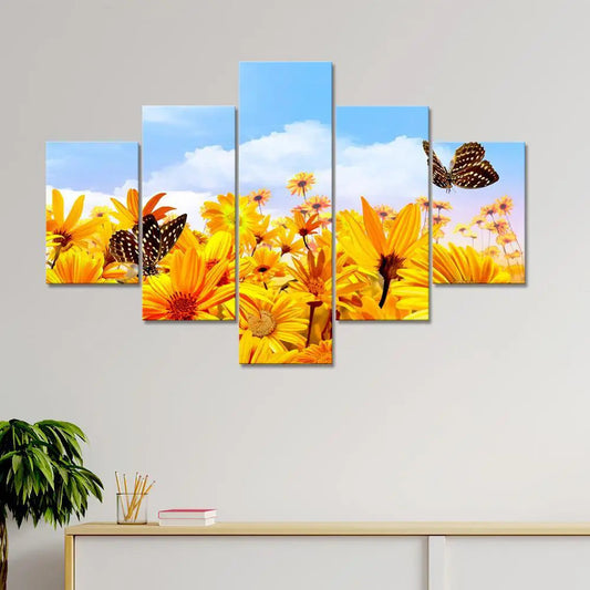 Sunflower Garden With Butterfly  5 Pieces Canvas Print Wall Painting