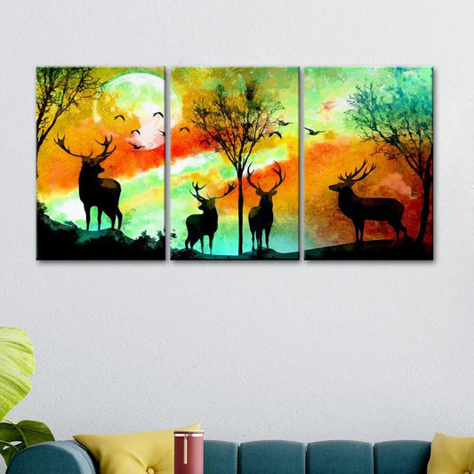 Deer in Forest  Wall Art Wooden Framed 3 Pieces Canvas Painting