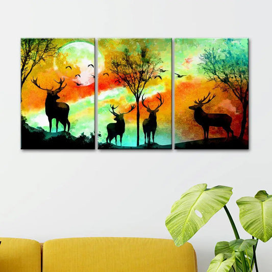 Deer in Forest  Wall Art Wooden Framed 3 Pieces Canvas Painting