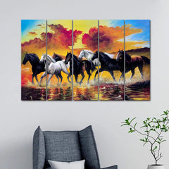 Seven Running Horses Wall Painting 4 Pieces Canvas Printed Painting