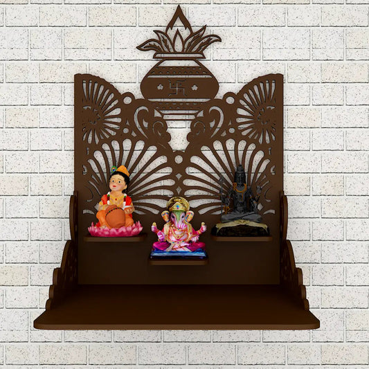 Beautiful Wall Hanging Wooden Temple/ Pooja Mandir Design with Shelf, Brown Color