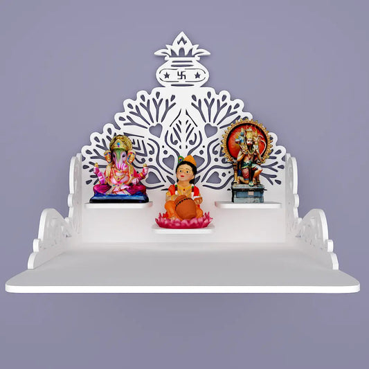 Beautiful Wall Hanging Wooden Temple/ Pooja Mandir Design with Shelf, White Color