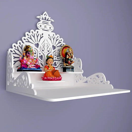 Beautiful Wall Hanging Wooden Temple/ Pooja Mandir Design with Shelf, White Color