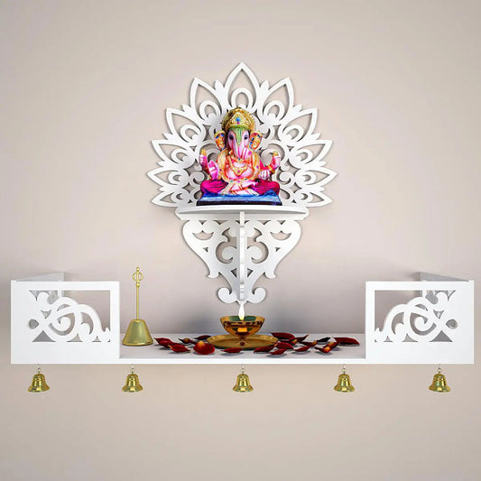 Beautiful Wall Hanging Wooden Temple/ Pooja Mandir Design with Shelf, White Color