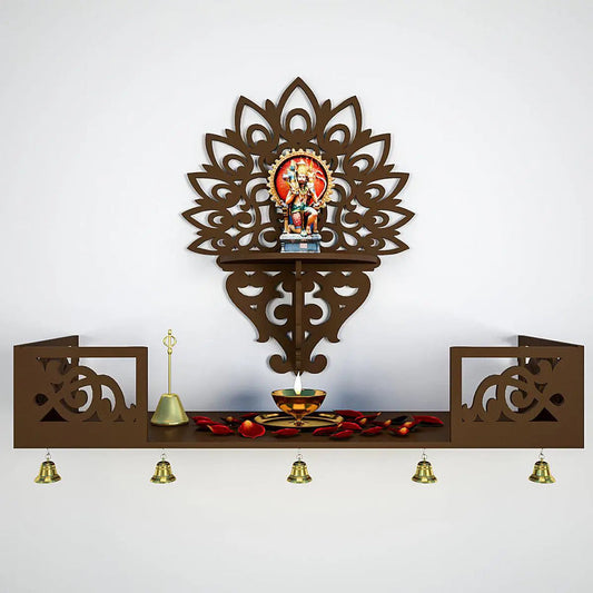 Beautiful Wall Wooden Temple/ Pooja Mandir Design with Shelf, Brown Color