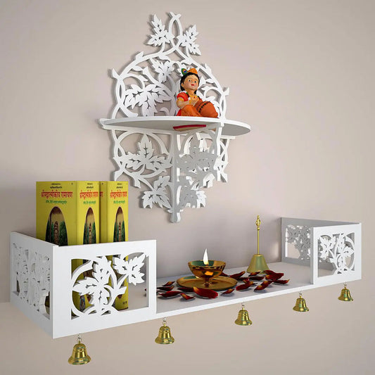 Beautiful Wall Hanging Wooden Temple/ Pooja Mandir Design with Shelf, White Color