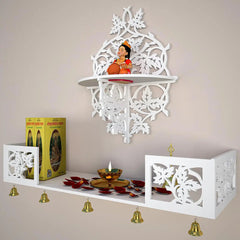 Beautiful Wall Hanging Wooden Temple/ Pooja Mandir Design with Shelf, White Color