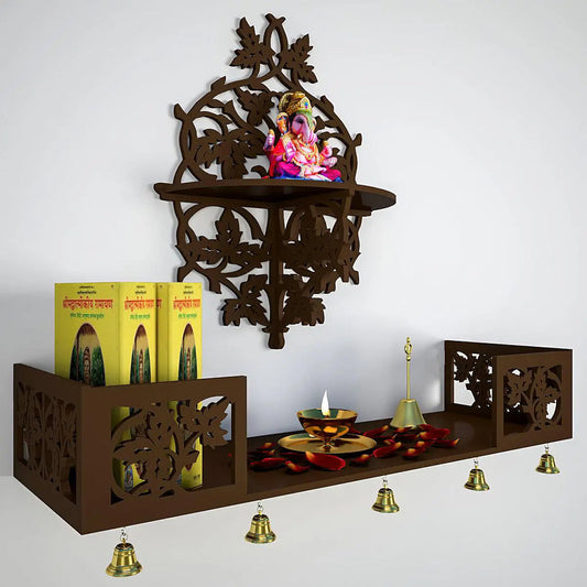 Beautiful Wall Hanging Wooden Temple/ Pooja Mandir Design with Shelf, Brown Color