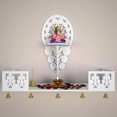 Beautiful Wall Hanging Wooden Temple/ Pooja Mandir Design with Shelf, White Color