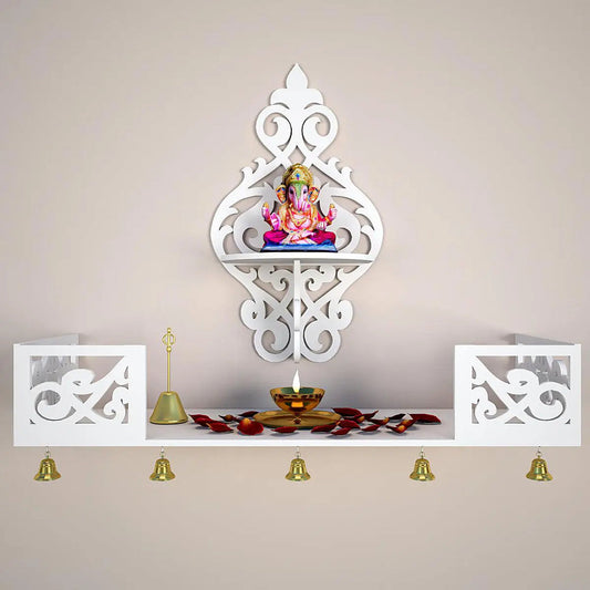 Beautiful Wall Hanging Wooden Temple/ Pooja Mandir Design with Shelf, White Color
