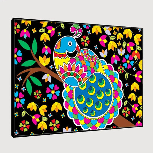 Beautiful Peacock Madhubani Painting /  Canvas Print  Stretched on Wood Bars 61 x 41cm