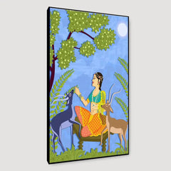 Beautiful Lady With Deer Madhubani Painting /  Canvas Print  Stretched on Wood Bars 61 x 41cm