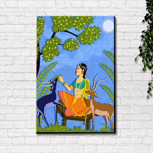 Beautiful Lady With Deer Madhubani Painting /  Canvas Print  Stretched on Wood Bars 61 x 41cm