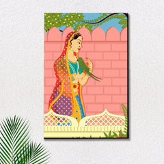 Queen with parrot Beautiful Madhubani Painting /  Canvas Print  Stretched on Wood Bars 61 x 41cm