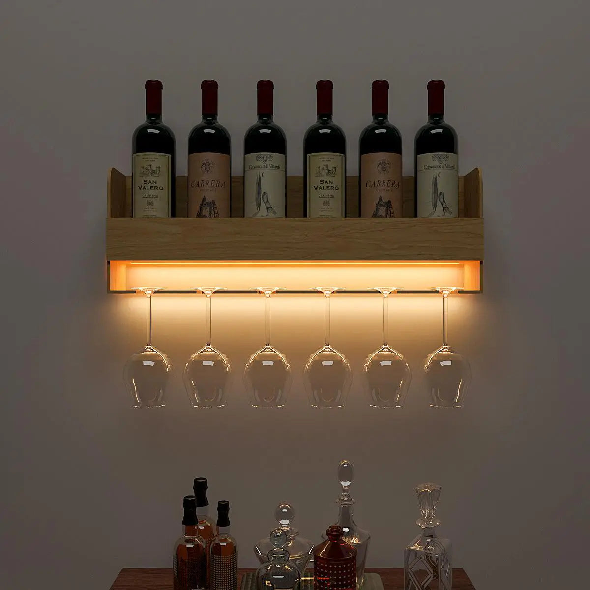 Minimalistic Backlit Wall Mounted Bar Shelf in Light Oak Finish